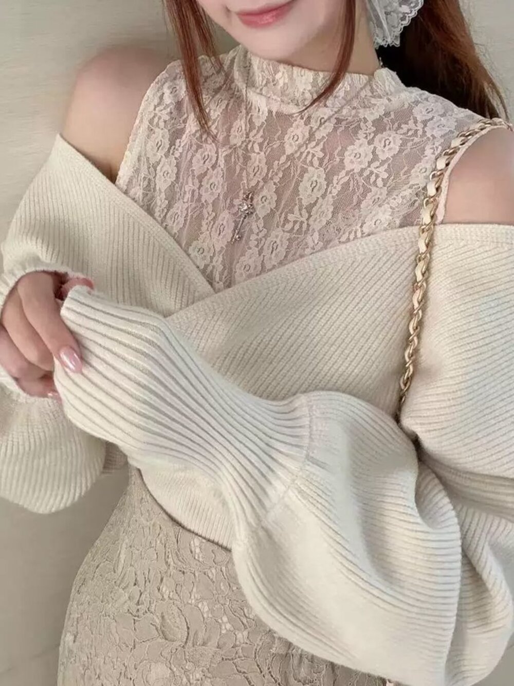 Apricot Casual Women's Elegant Romantic Lace Patchwork Cold Shoulder Pullover - Picture 7 of 8